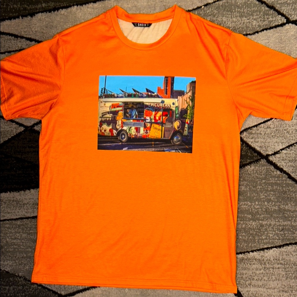 SHEIN Orange Short Sleeve Tee with Cityscape Graphic